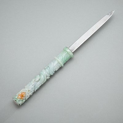 Chinese Carved Jade & Sterling Blade Letter Opener. Chinese letter opener composed of carved 