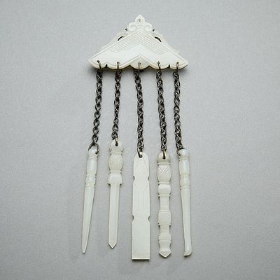 Chinese Carved White Jade Tool Chatelaine Pendant. Chinese carved white jade tools suspended 