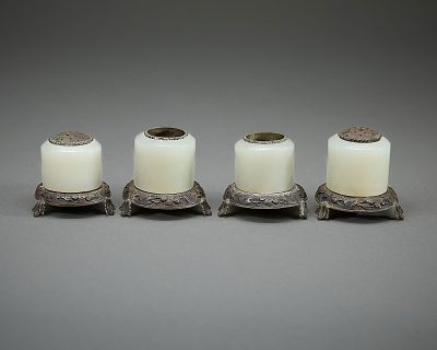 4 Chinese Jade Archer's Ring w/ Sterling Shakers. Group of four Chinese carved white jade 
