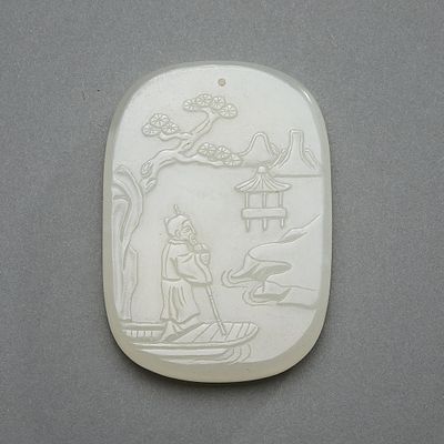 20th c. Chinese Carved White Jade Pendant. Chinese carved white jade slab pendant or plaque 