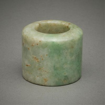 20th c. Chinese Celadon Jade Archer's Ring. 20th century Chinese carved archer's ring of a 