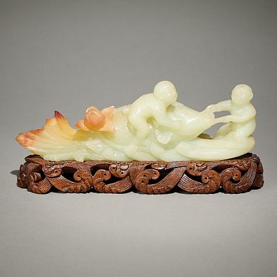 Chinese Carved Jade Figures & Fish w/ Stand. Chinese carved jade depicting two young male or boy 