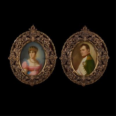 Pair Portrait Miniatures - Napoleon & Josephine. Pair of French miniature portrait paintings of 