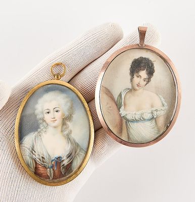 2 French Miniature Portrait Paintings. Group of two French miniature portraits in oval locket 