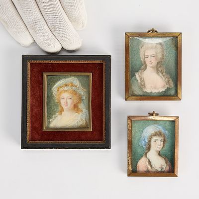 3 French Miniature Portraits. Group of three miniature portrait paintings depicting aristocratic 
