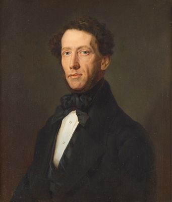 19th c. Portrait Oil Painting. Oil on canvas portrait painting of a well-dressed gentleman. His 