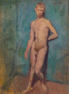 Vito Tomasello Male Nude Oil Painting. Vito Tomasello (American, 20th c). Oil on board painting 