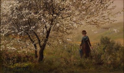 Carl Gutherz Figure in Landscape Painting. Carl Gutherz (Swiss/American, 1844-1907). Oil on 