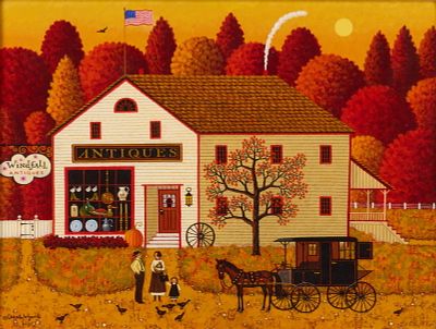 Charles Wysocki "Windfall Antiques" Painting. Charles Wysocki (American, 1928-2002). Oil on 