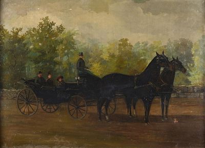 English School Horse Carriage Painting. Oil on canvas English school painting depicting a 