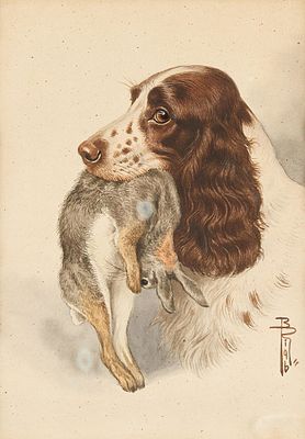 Boris Riab Hunting Dog w/ Rabbit Watercolor. Boris Riab (Russian/American, 1898-1975). 