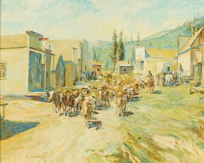 Ronald Crooks "Down Main Street" Painting. Ronald Crooks (American, 1925-2006). Oil on board 