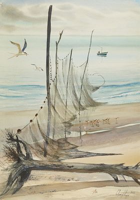C. Robert Perrin Fishing Nets Painting. Charles Robert Perrin (American, 1915-1999). Watercolor 