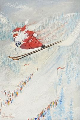C. Robert Perrin Skiing Santa Paintings. Charles Robert Perrin (American, 1915-1999). Watercolor 