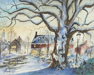 C. Robert Perrin Winter Street Painting. Charles Robert Perrin (American, 1915-1999). Watercolor 