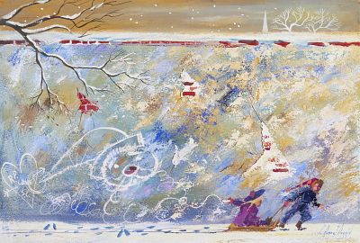 C. Robert Perrin Sledding Painting. Charles Robert Perrin (American, 1915-1999). Watercolor on 