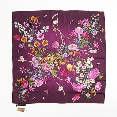 Gucci Silk Scarf. Gucci 100% silk carre scarf with aubergine body color and floral and vegetal 