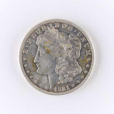 1921-D Morgan Silver Dollar Coin AU/MS. One 1921-D Morgan silver dollar coin. Diameter: 38.10 
