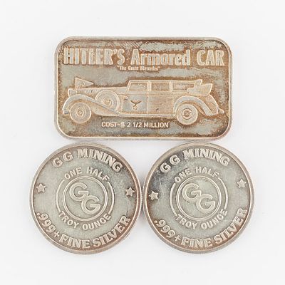 3 Sterling Silver .999 Ingot and Coins. Group of three silver coins and ingot including:One 