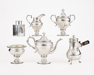 5 Coin & 950 Silver Tea Vessels - 1,555.3 g. Five piece E. Stubbins & Co. teaset and one French 