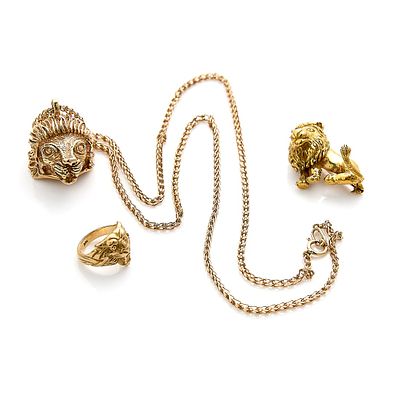 3 Pcs Gold & Plated Lion Jewelry. Group of gold & plated lion themed jewelry, including: One 14k 