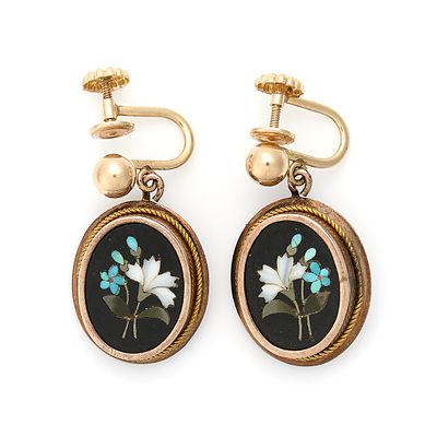 14k Pietra Dura Earrings. Pietra dura earrings depicting white and blue flowers. The earring 