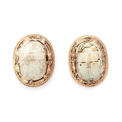 Arabic 14k Gold & Scarab Earrings. 14k yellow gold filigree frame stud earrings, each set with 