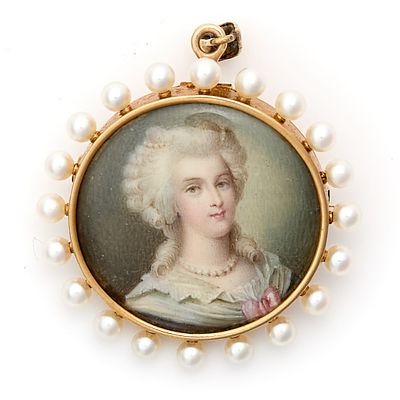 Jaques & Marcus 18k & Prl Portrait Miniature Brooch. Jaques & Marcus 18k yellow gold brooch set 