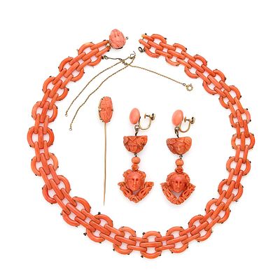 Italian 14k Gold Carved Coral Jwly. Three pieces of Italian 14k yellow gold and carved coral 