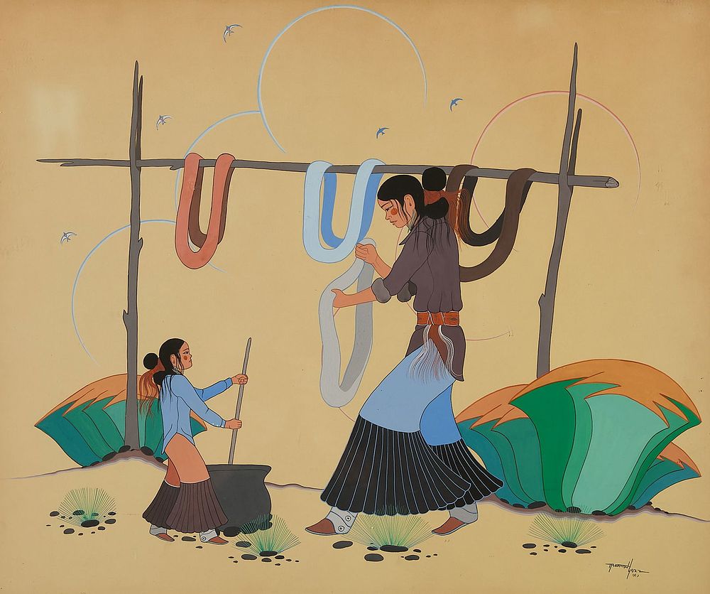 Beatien Yazz Mother & Daughter Gouache Painting. Beatien "Jimmy Toddy" Yazz (Navajo, 1928-2021). 
