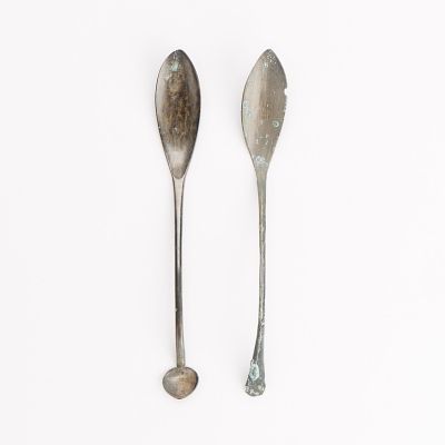 2 Korean Goryeo Bronze Spoons. Group of two Korean bronze spoons, Goryeo dynasty, ca. 918-1392 
