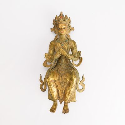 Tibetan Gilt Bronze Bodhisattva Guanyin Figure. Tibetan gilt bronze seated or perched deity 