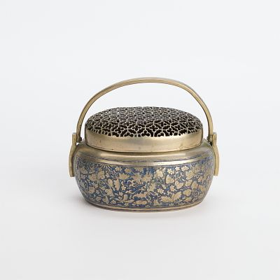 19th c. Chinese Qing Enameled Paktong Hand Warmer. Chinese Qing dynasty paktong white copper or 