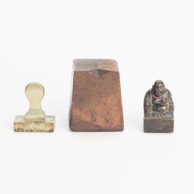 3 Chinese Stamp Seals Wood, Bronze, & Paktong. Group of three Chinese stamp seals. One of carved 