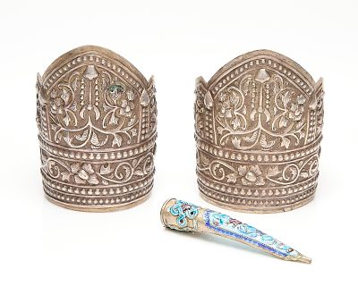 2 Chinese Silver Cuffs & Enamel Fingernail Guard. Group of three pieces of Chinese jewelry. 