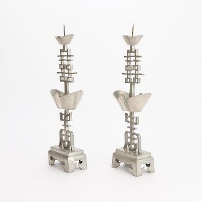 Pr Chinese Qing Pewter Shuangxi Altar Candlesticks. Pair of Chinese Qing pewter altar 