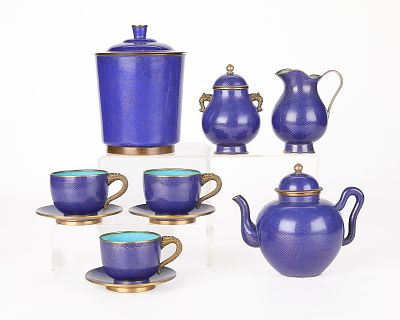 Set 10 Chinese Blue Cloisonne Tea Ware Vessels. Set of ten pieces of Chinese enameled cloisonne 