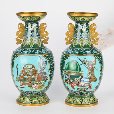 2 Lrg 20th c. Chinese Cloisonne Astrological Vases. Set of two large Chinese cloisonne baluster 
