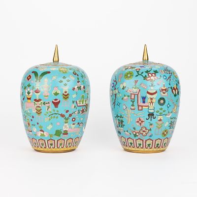Pair Chinese Cloisonne Lidded Ginger Jar Urns. Pair of Chinese enameled cloisonne lidded ginger 