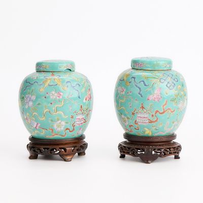 Pair Chinese Guangxu Porcelain Ginger Jars. Pair of Chinese Qing dynasty turquoise ground 