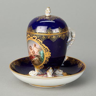 Meissen Cobalt Blue Cup & Saucer ca. 1855. Meissen, Germany. Porcelain cobalt blue covered cup 