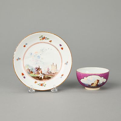 Meissen Purple-Ground Cup & Saucer ca. 1737. Meissen, Germany. Porcelain purple-ground cup and 