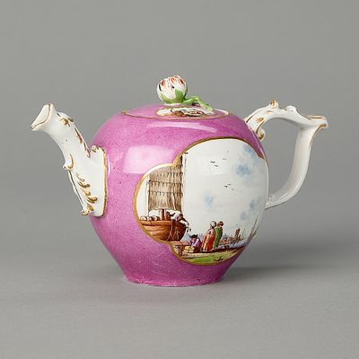 Meissen Purple-Ground Teapot ca. 1730. Meissen, Germany. Porcelain purple-ground bullet shaped 