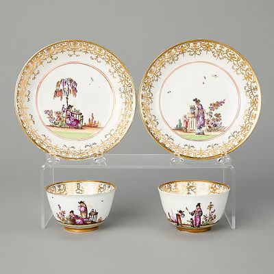 Pr Meissen Teabowls & Saucers ca. 1735. Meissen, Germany. A pair of porcelain teabowls and 