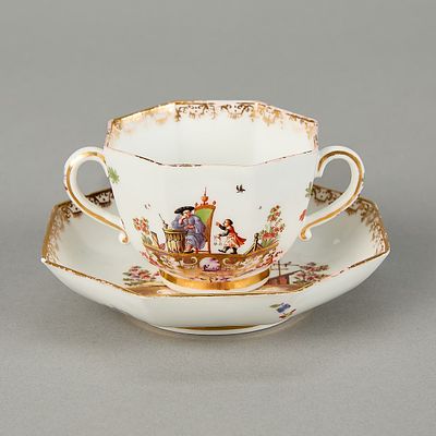 Meissen Octagonal Two-Handled Cup w/ Saucer. Meissen, Germany. Porcelain octagonal two-handled 