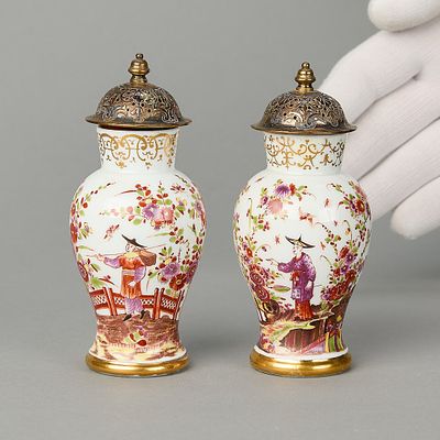 Pr Meissen Mini Baluster Vases ca. 1730. Meissen, Germany. Pair of miniature porcelain baluster 