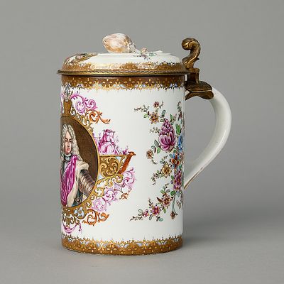 Meissen Augustus Rex Tankard ca. 1850. Meissen, Germany. A gilt-metal mounted porcelain tankard 