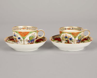 Pr Worc. Dragon in Compartment Teacups & Saucers. Worcester, England. Pair of "Dragon in 