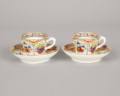 Pr Worc. Dragon in Compartment Teacups & Saucers. Worcester, England. Pair of "Dragon in 