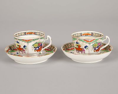 Pr Worc. Dragon in Compartment Teacups & Saucers. Worcester, England. Pair of "Dragon in 
